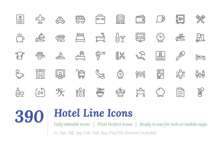 390枚酒店旅馆主题线条图标 390 Hotel Line Icons插图
