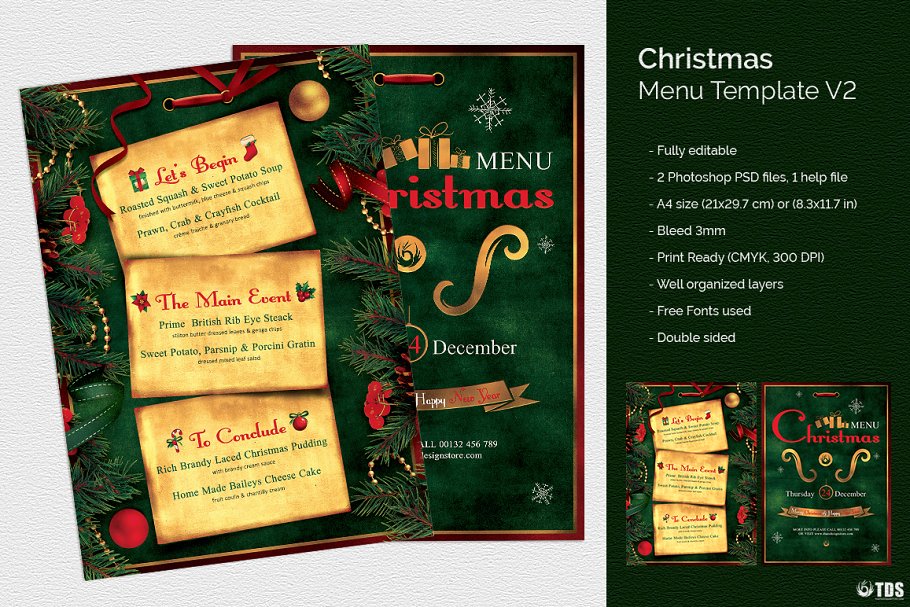 圣诞节主题菜单PSD模板v2 Christmas Menu PSD V2插图