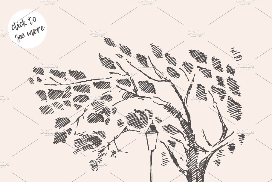 树木、路灯与排椅素描剪影 Two romantic illustrations插图(1)