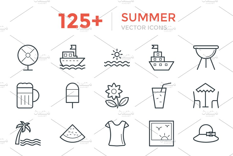 125+夏季游玩矢量线条图标 125+ Summer Vector Icons插图