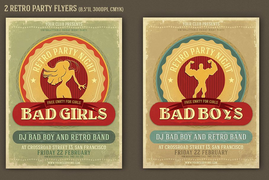 坏女孩复古传单派对宣传模板 Badgirls Retro Flyer Template插图(1)