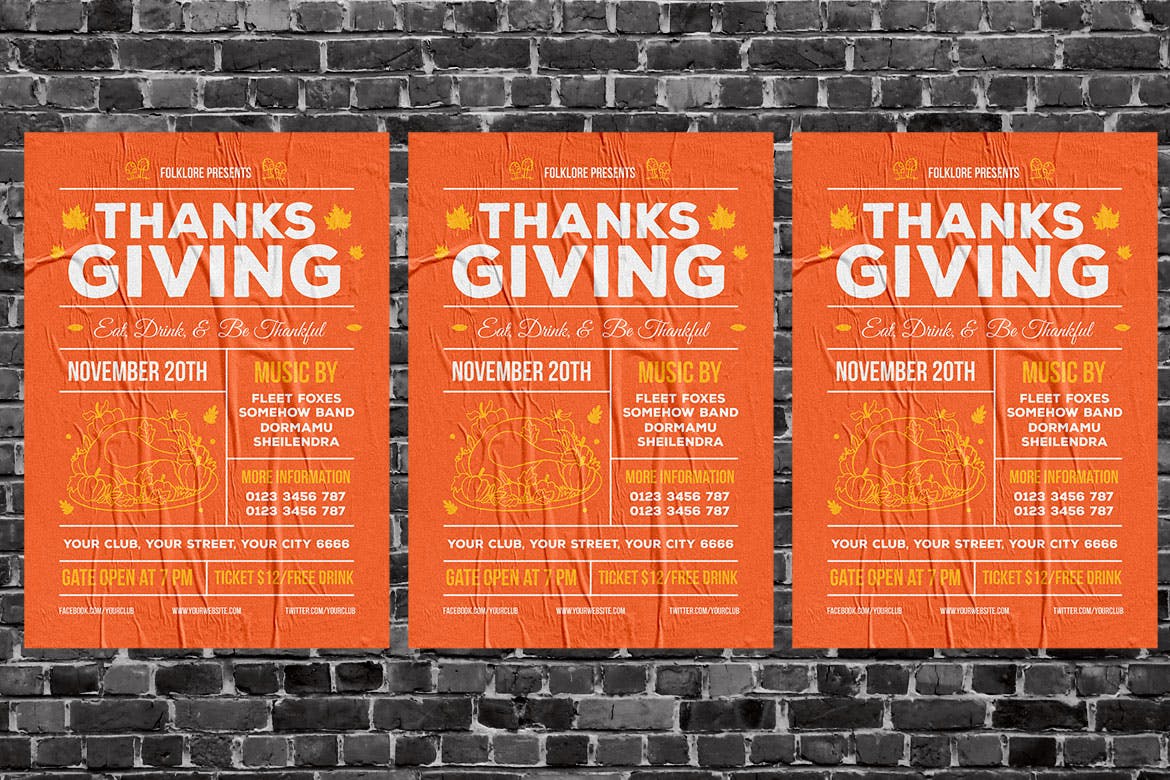 水彩枫叶设计风格俱乐部感恩节活动海报设计模板 Thanksgiving Flyer插图(3)
