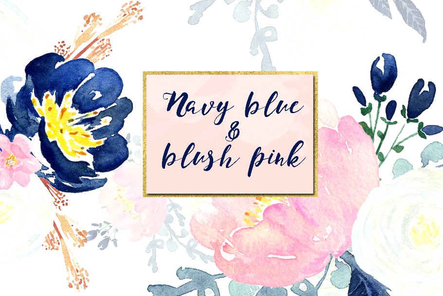 浪漫海军蓝粉色花卉水彩剪贴画合集 Navy blue and blush pink flowers插图(5)