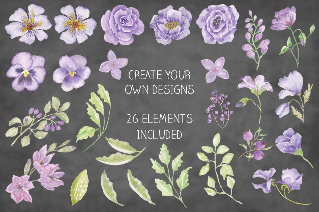 紫色水彩手绘花卉图案剪贴画PNG素材套装 Purple Passion: Watercolor Clip Art Bundle插图(6)