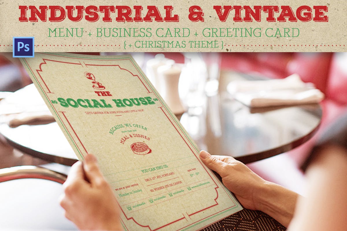 复古设计风格西餐厅菜单设计PSD模板 Industrial Vintage Menu插图