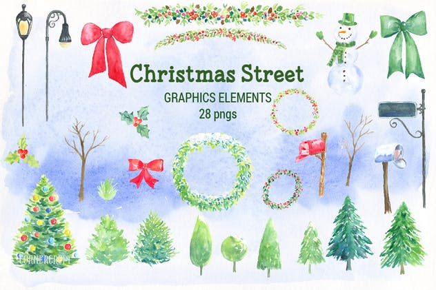 圣诞街道水彩剪贴画元素合集 Watercolor Christmas Street插图(6)