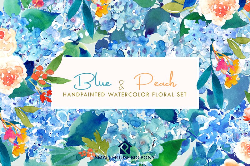 蓝色和桃色-水彩花卉元素套装 Blue & Peach- Watercolor Floral Set插图(1)
