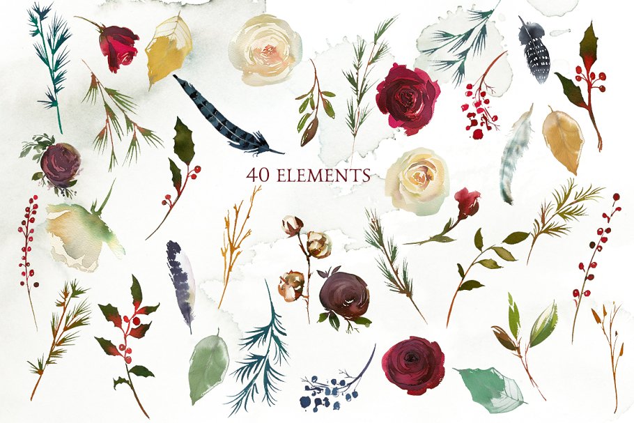 冬季花卉花饰相关设计工具包（剪贴画、纹理&装饰字母） Winter Solemnity Floral Design Kit插图(12)