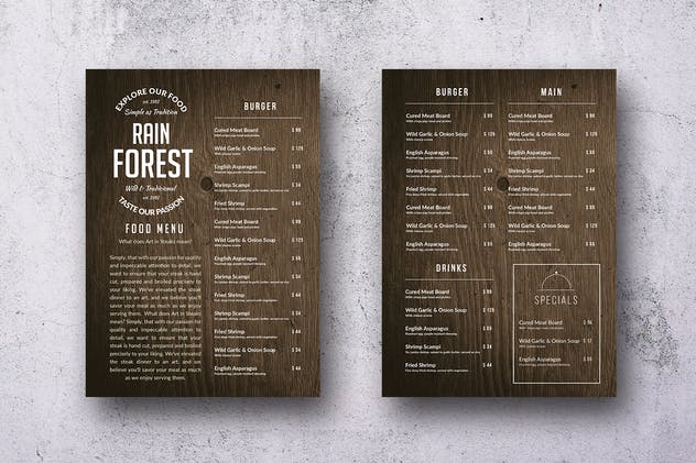 复古木纹背景单页餐厅菜单设计PSD模板 Rain Forest Single Page Menu A4 & US Letter插图(1)