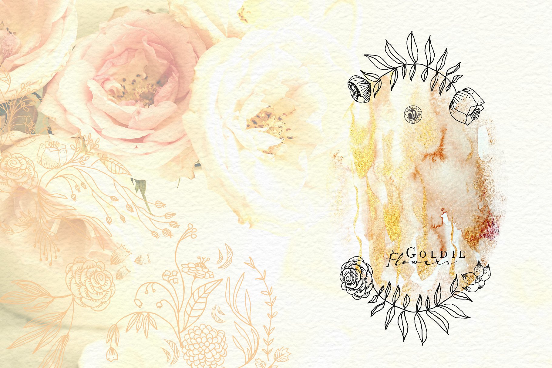 金箔水彩花卉图案背景插画 Goldie Flowers插图(6)