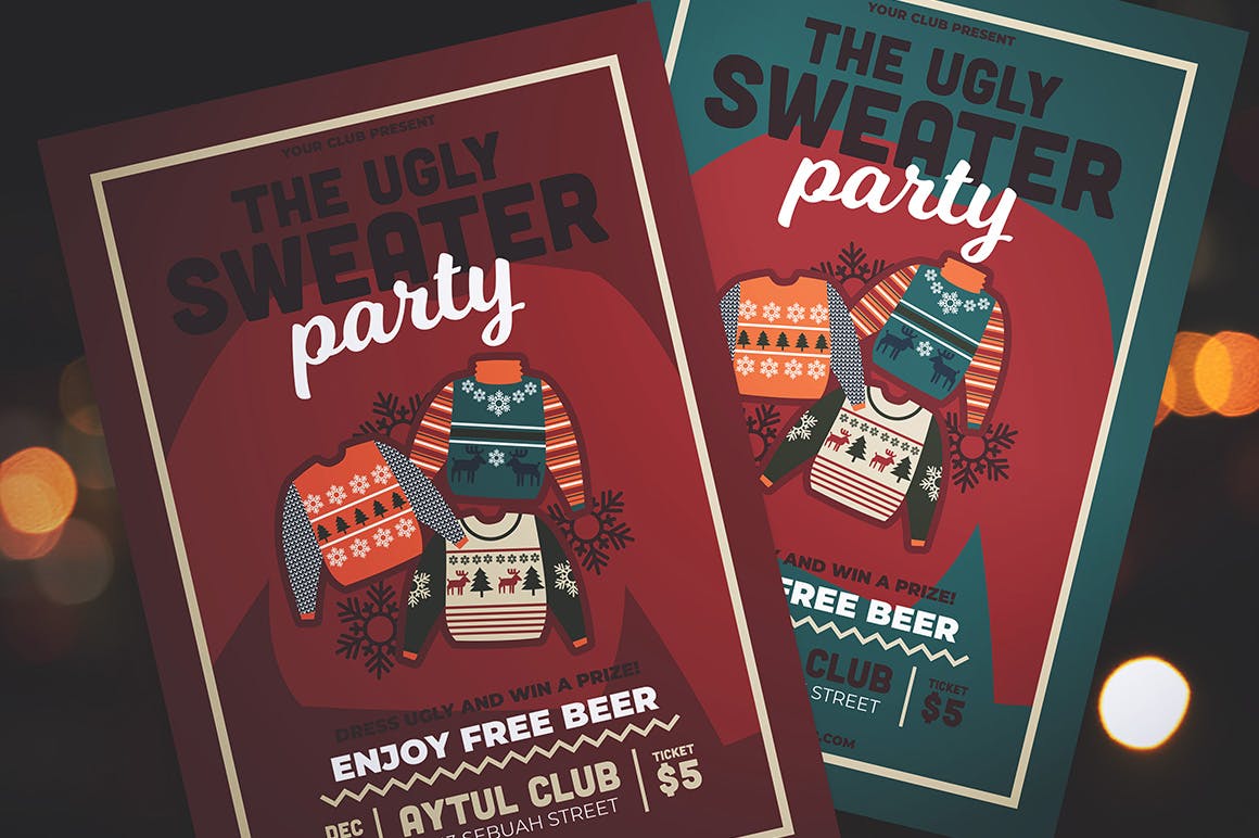 冬天冬季毛衣派对party新年圣诞节宣传单DM海报设计模板插图(3)