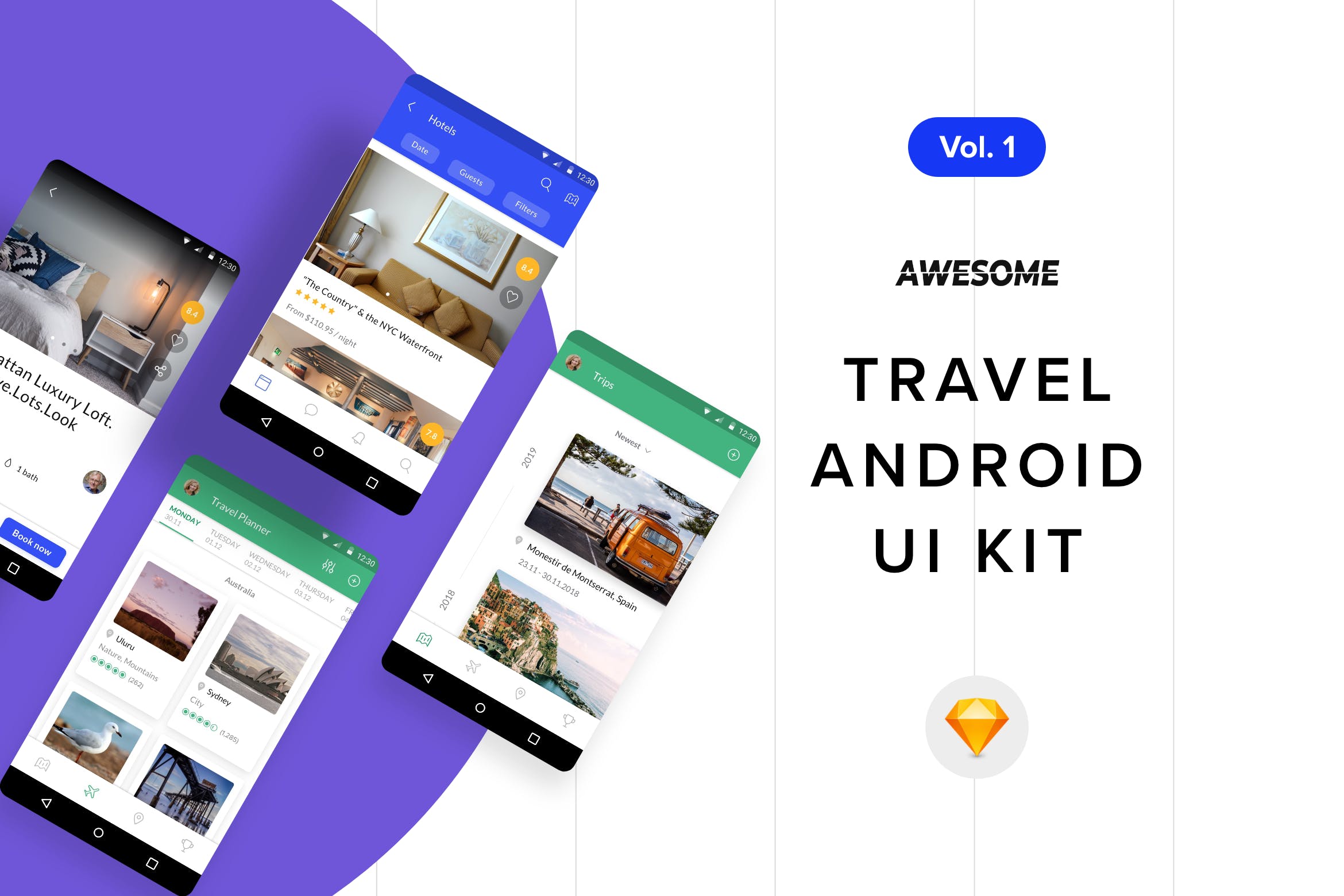 安卓平台旅游APP应用用户交互界面设计SKETCH模板v1 Android UI Kit – Travel Vol. 1 (Sketch)插图