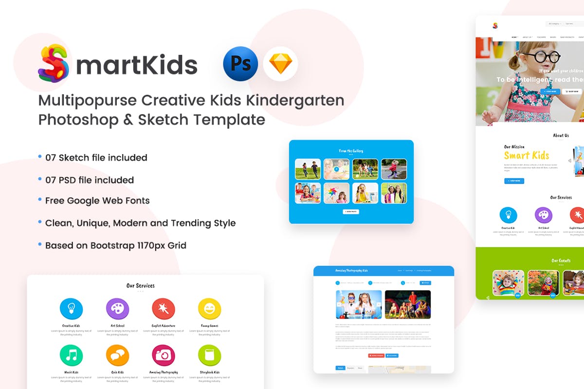 创意幼儿园儿童乐园主题网站设计模板[SKETCH&PSD] Creative Kids Kindergarten PSD & Sketch Template插图