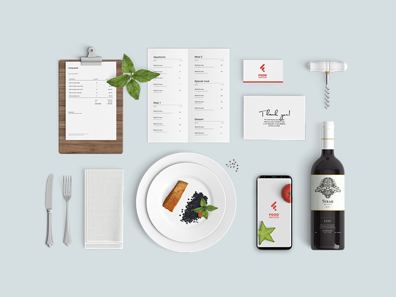 餐厅菜单及美食主题APP展示样机 Restaurant Food Mockup & Food Nation App Logo Concept插图