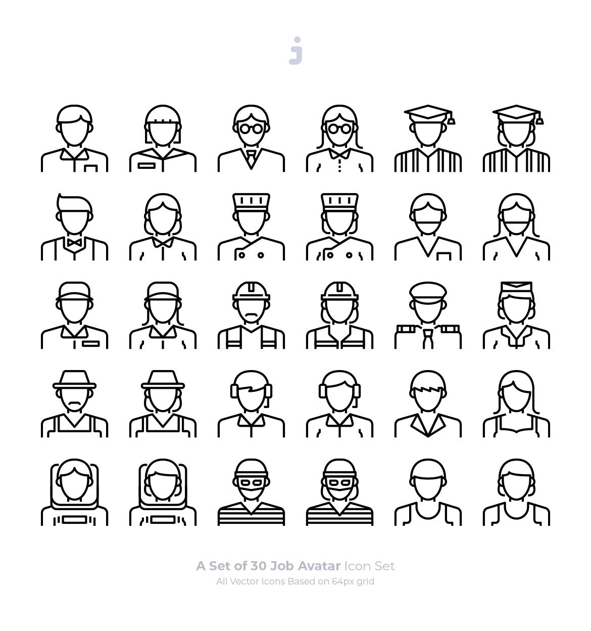 30枚工作岗位人物形象Outline风格矢量图标 30 Job Avatar Icons – Outliner插图(1)