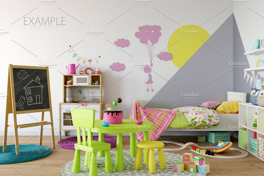 儿童主题室内墙纸设计展示和相框画框样机 Kids Interior Wall & Frames Mockup 1插图(15)