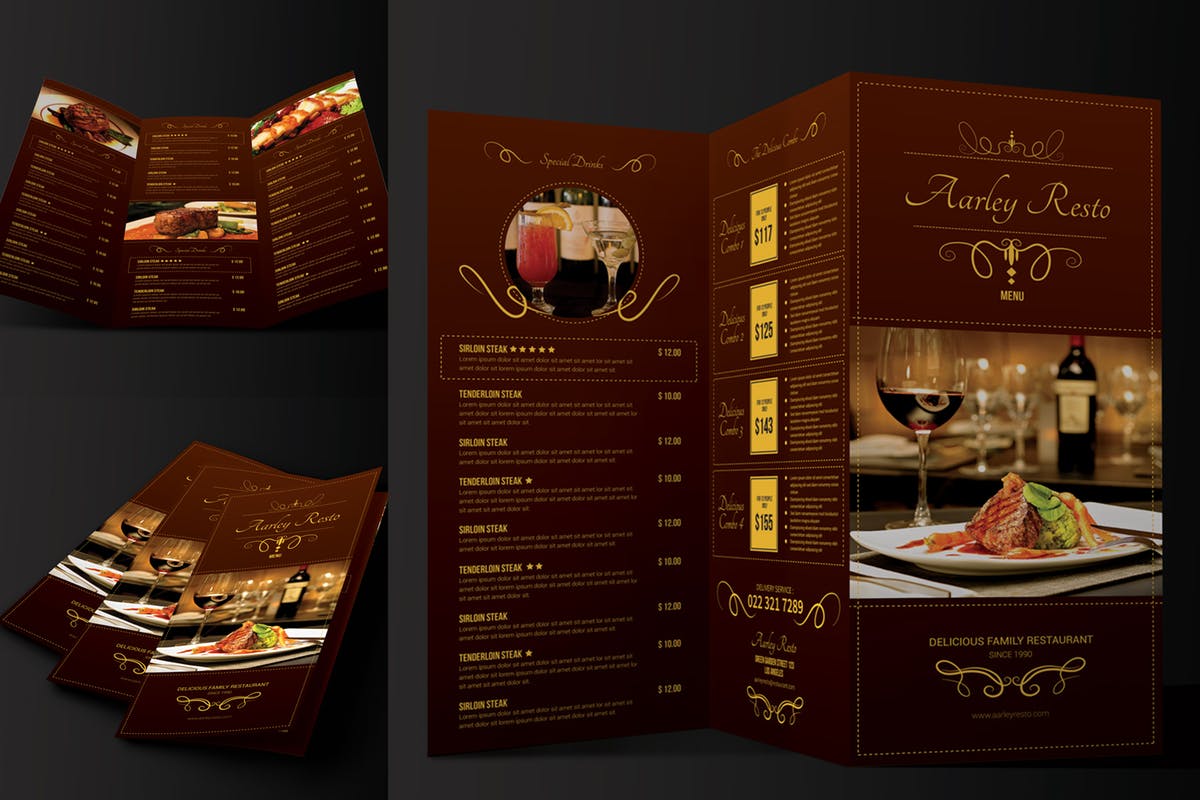 三折页西餐厅菜单设计模板 Elegant Restaurant Menu Trifold插图