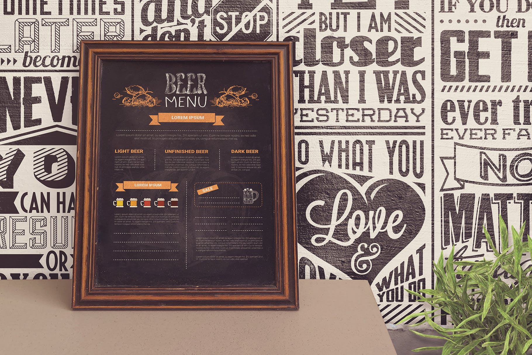 西餐厅黑板粉笔手绘设计效果图展示样机模板 Chalkboard Restaurant Mockup插图(1)