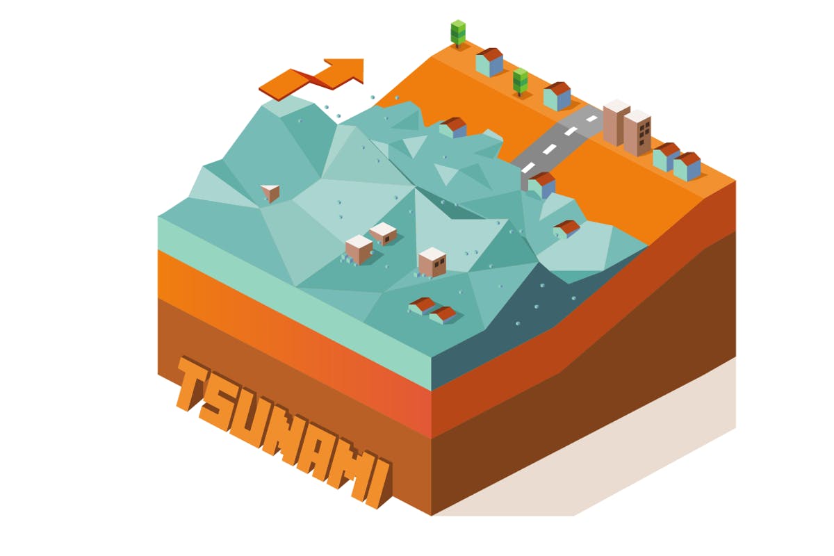 海啸自然灾害场景低多边形2.5D插画 tsunami插图