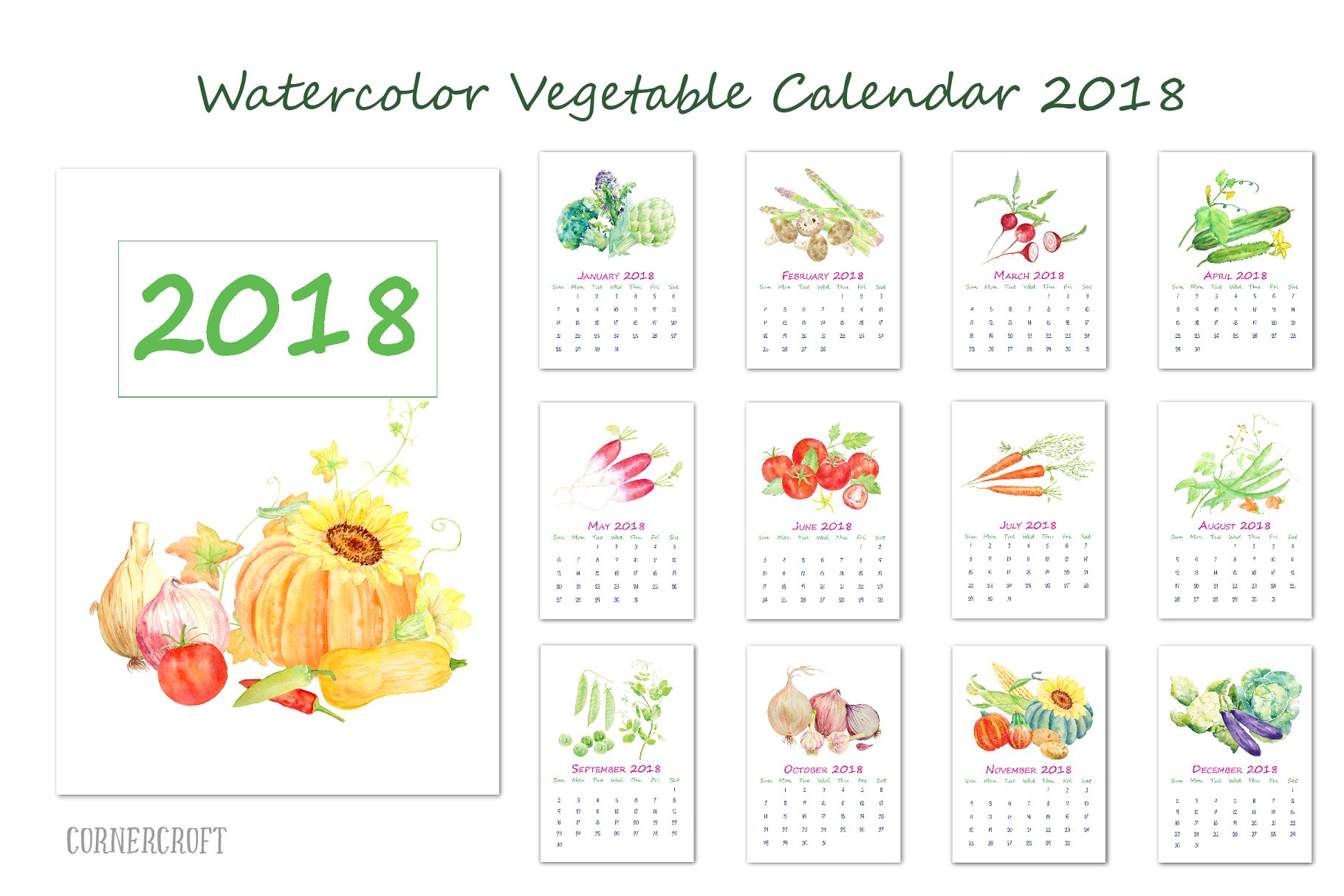 特色水彩瓜果蔬菜年历模板  Watercolor Vegetable Calendar插图