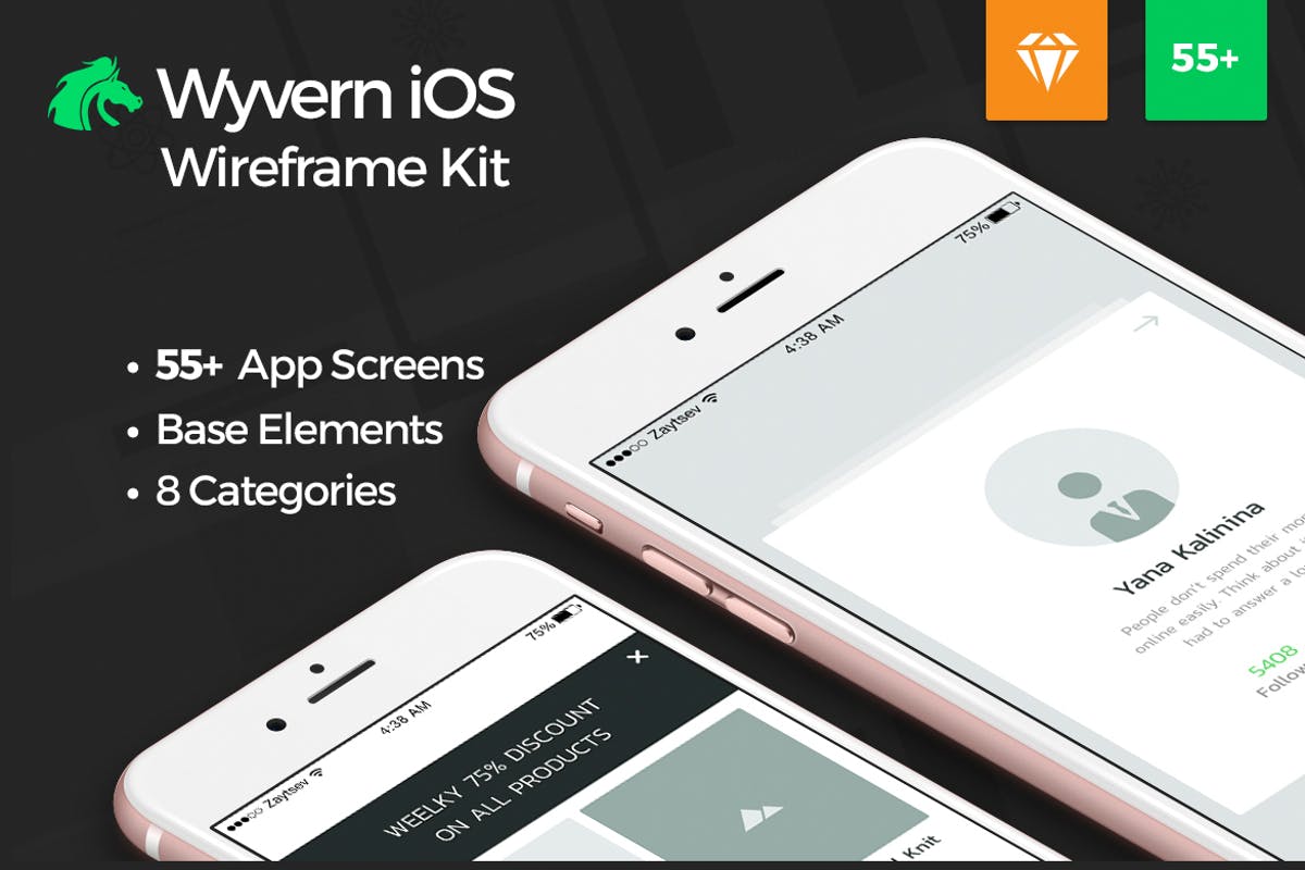 产品演示电商APP应用线框图UI套件 Wyvern iOS Wireframe UI Kit插图
