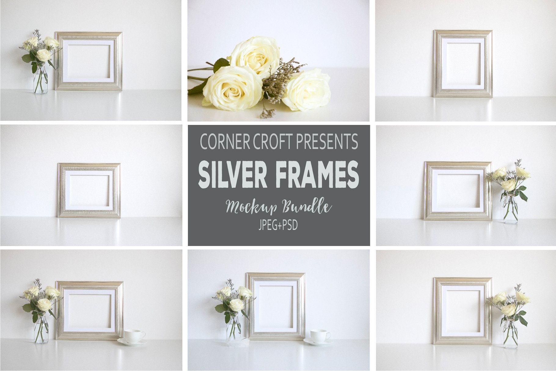 银色金属画框相框样机 Silver Frame Product Mockup Bundle插图