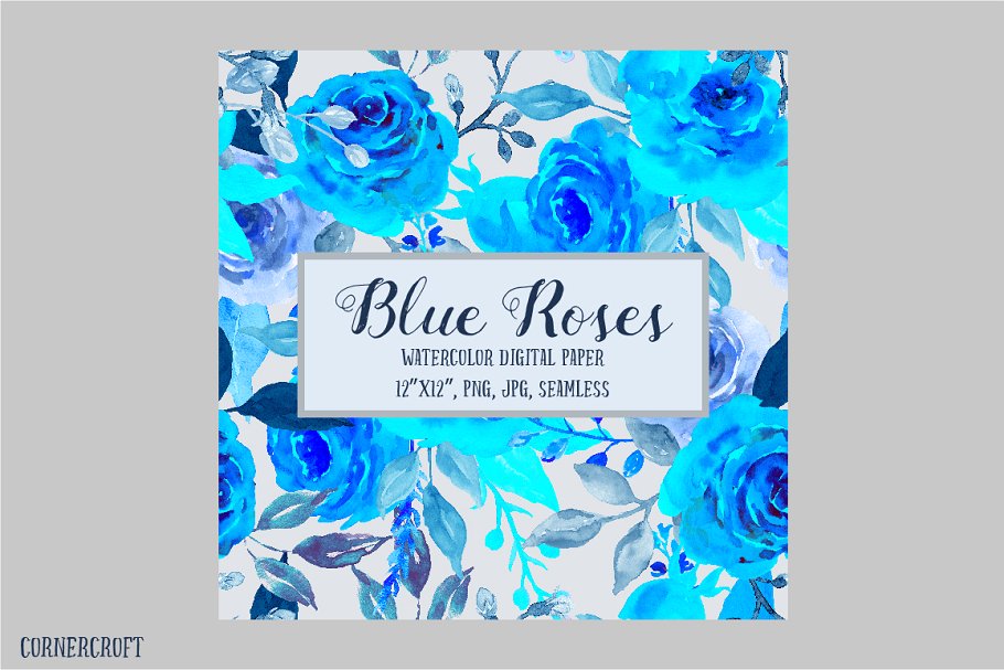 蓝色水彩玫瑰插画图案纸张纹理 Digital Paper Watercolor Blue Rose插图(5)