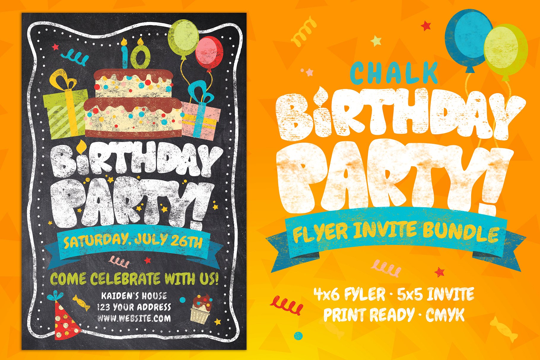 粉笔效果的生日派对海报模板 Chalk Birthday Party Flyer Bundle [psd]插图