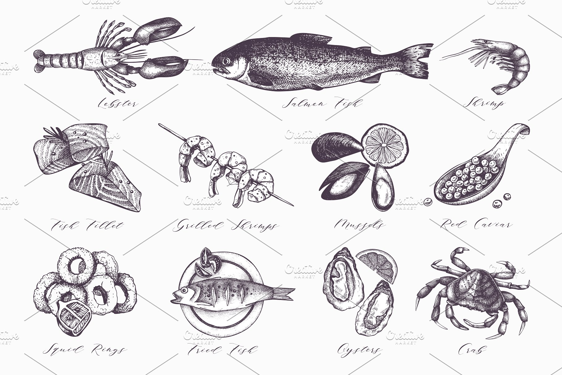 传统海鲜插图和菜单矢量设计 Vector Seafood Menu Design插图(2)