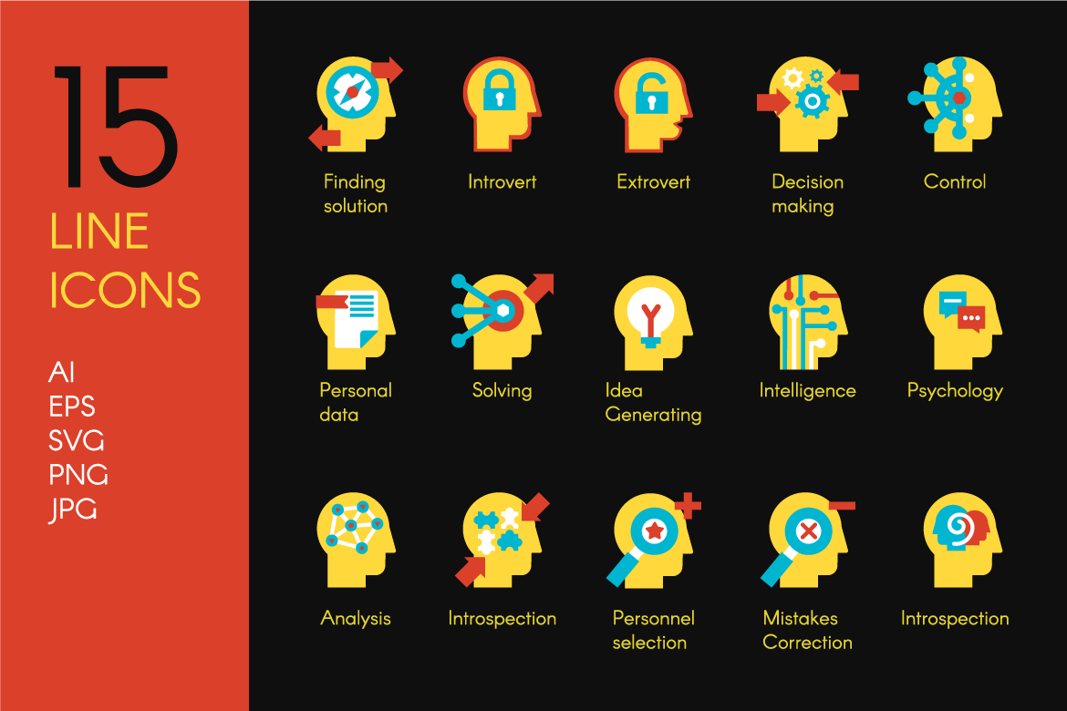 15枚大脑处理概念线性图标 Brain Processes Icons Set插图(3)