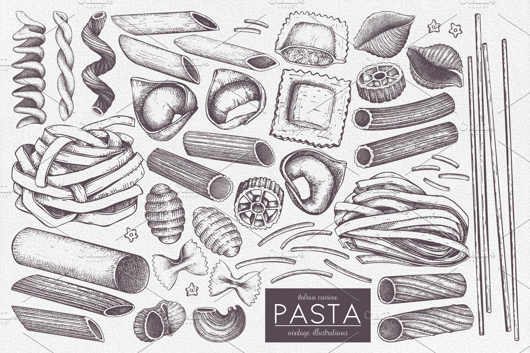 意大利面食和通心粉矢量插画 Vector Pasta & Macaroni Collection插图(1)