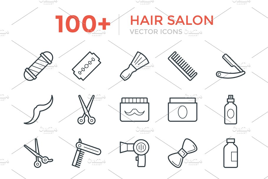 100+美发沙龙主题线条矢量图标 100+ Hair Salon Vector Icons插图