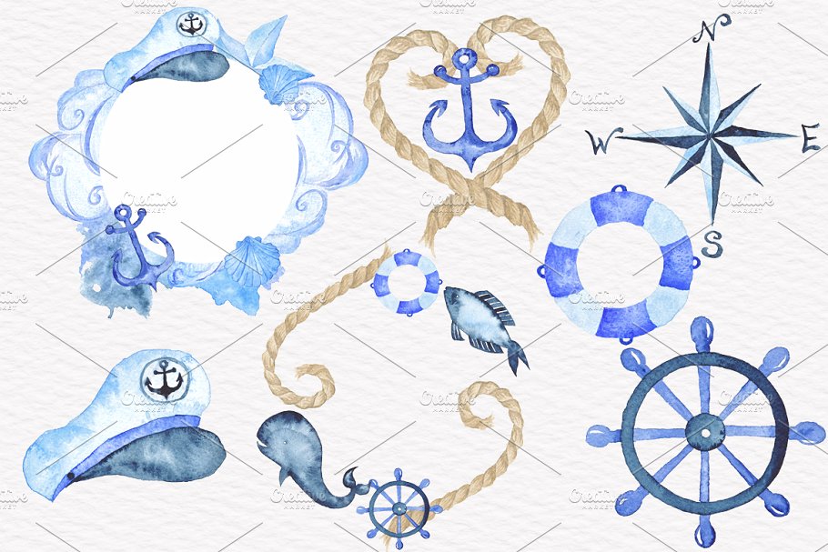 高质量水彩手绘航海元素剪贴画 Nautical Watercolor Clipart插图(3)