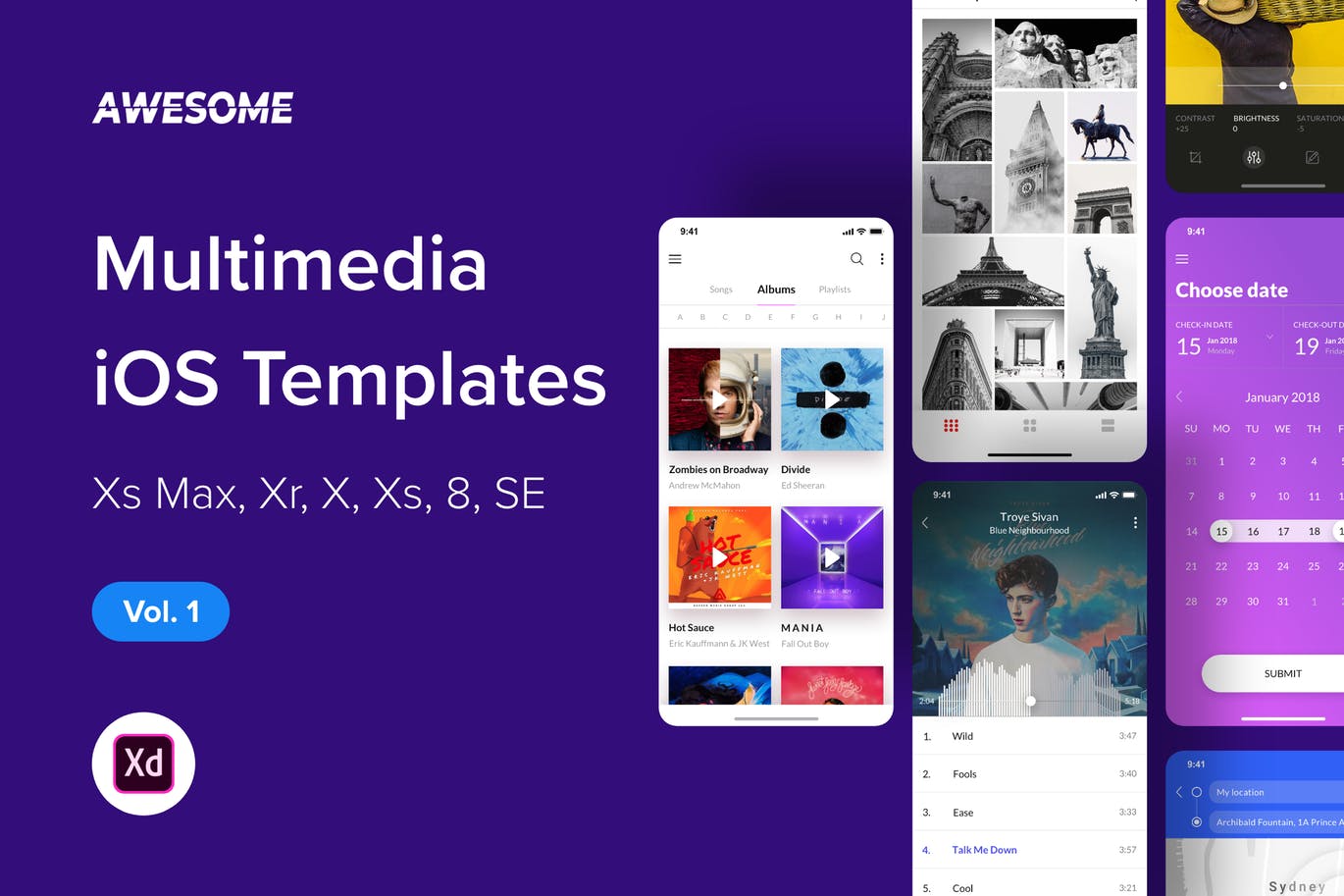 iOS手机多媒体APP应用UI设计套件XD模板v1 Awesome iOS UI Kit – Multimedia Vol. 1 (Adobe XD)插图