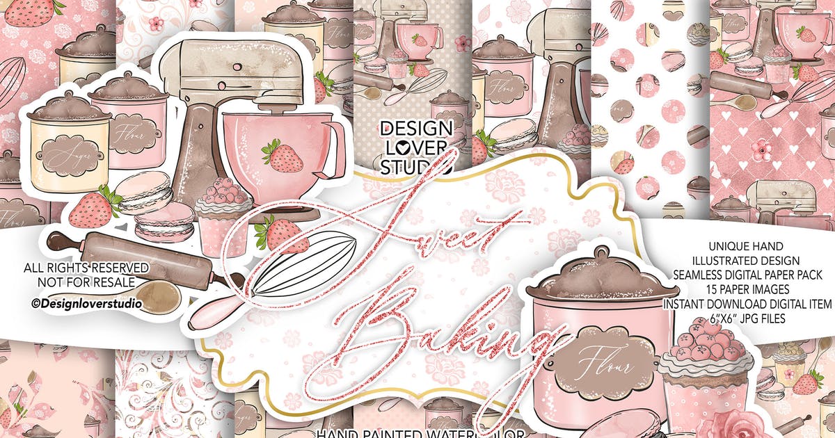 美食烘焙烹饪水彩背景图案图片设计素材 Sweet Baking digital paper pack插图