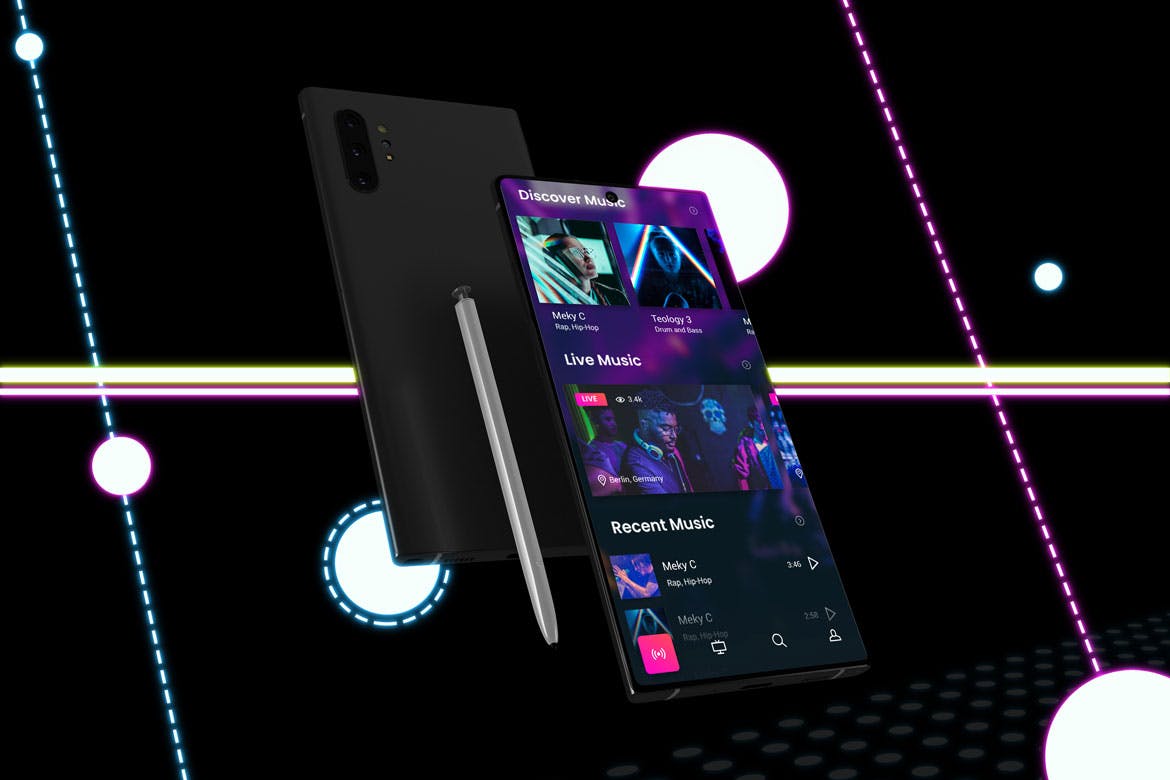 酷黑背景三星智能手机Note 10多角度屏幕预览样机模板 Neon Note 10 MockUp插图(3)