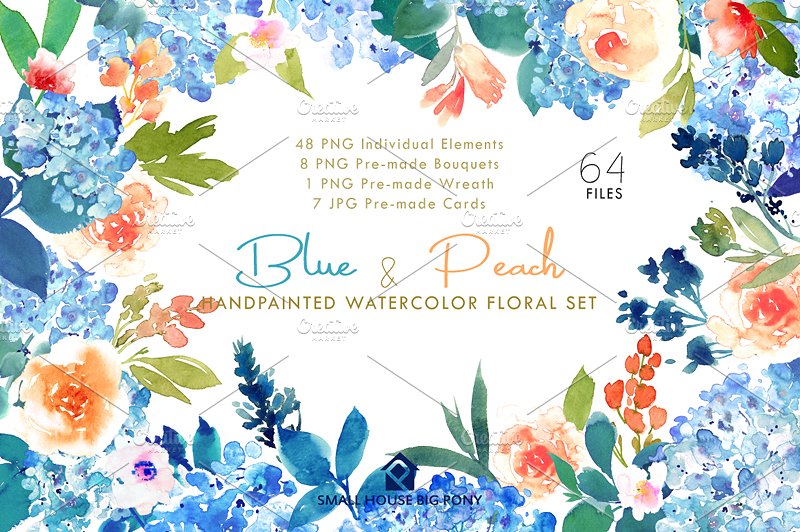 蓝色和桃色-水彩花卉元素套装 Blue & Peach- Watercolor Floral Set插图