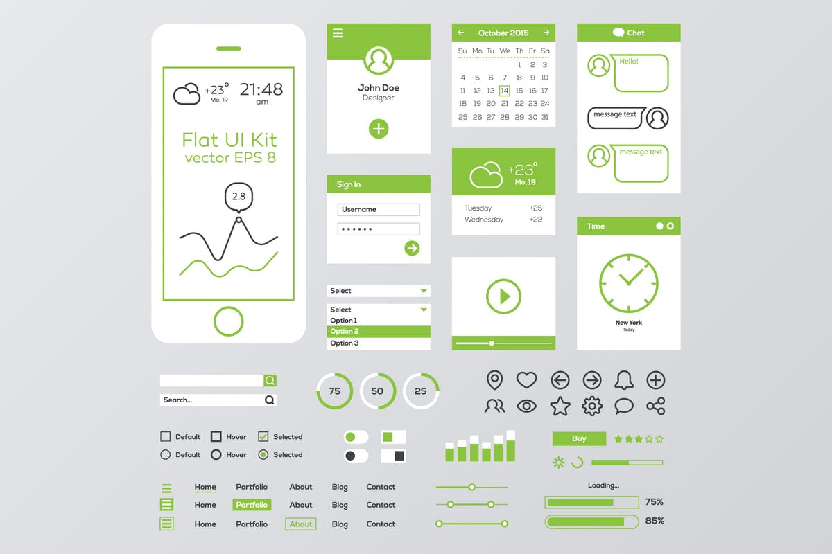 绿白配色扁平设计风格移动Web用户界面工具包 Green & White Flat Mobile Web UI Kit插图
