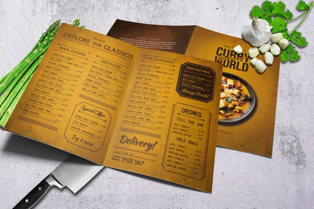 咖喱美食复古餐饮菜单PSD模板下载 Curry World Retro Menu Bundle插图(1)