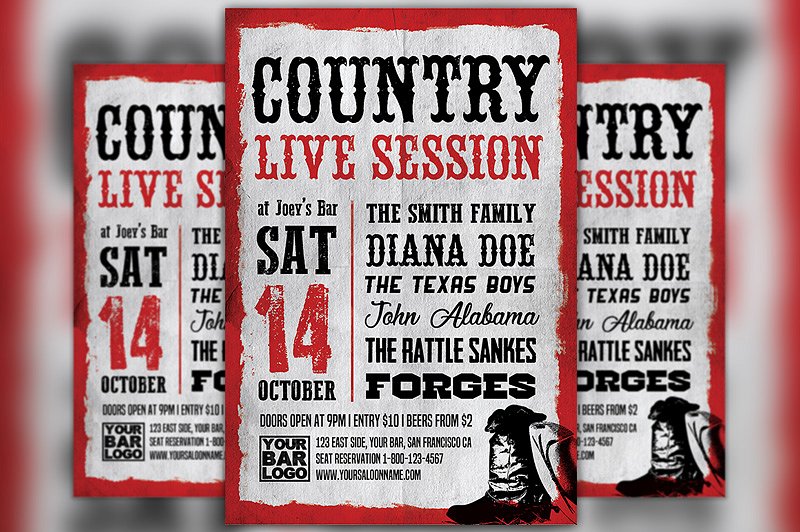城市音乐复古文字排版海报模板 Country Live Session Flyer Template插图