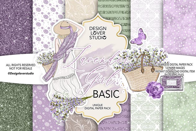 薰衣草女孩主题闪粉&花卉图案纸张纹理套装 Lavender Girl BASIC paper pack插图(1)