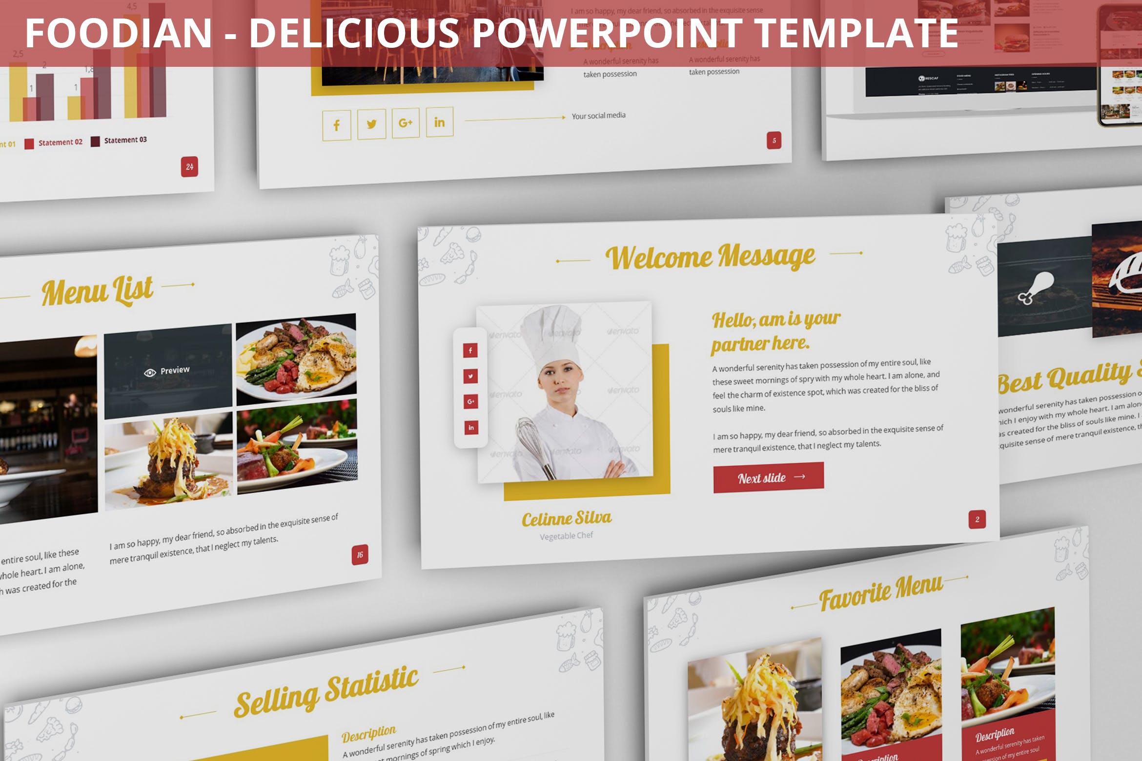 西餐厅宣传/美食培训PPT幻灯片模板下载 Foodian – Delicious Powerpoint Template插图