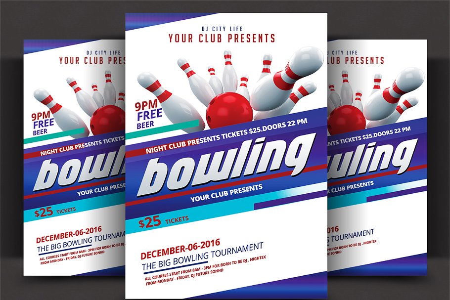 保龄球俱乐部宣传广告海报模板 Bowling Tournament Flyer插图