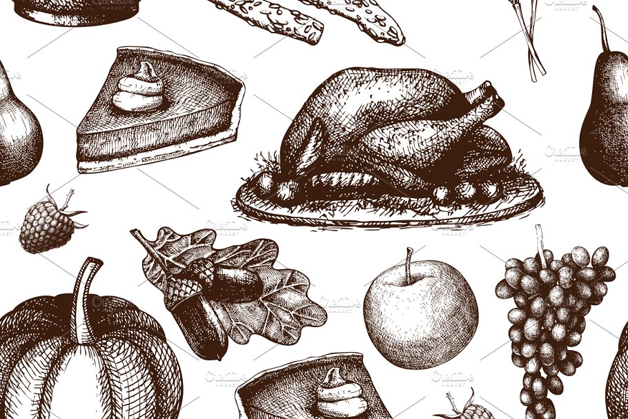 感恩节手绘素描矢量插画 Vector Thanksgiving Day Set插图(5)
