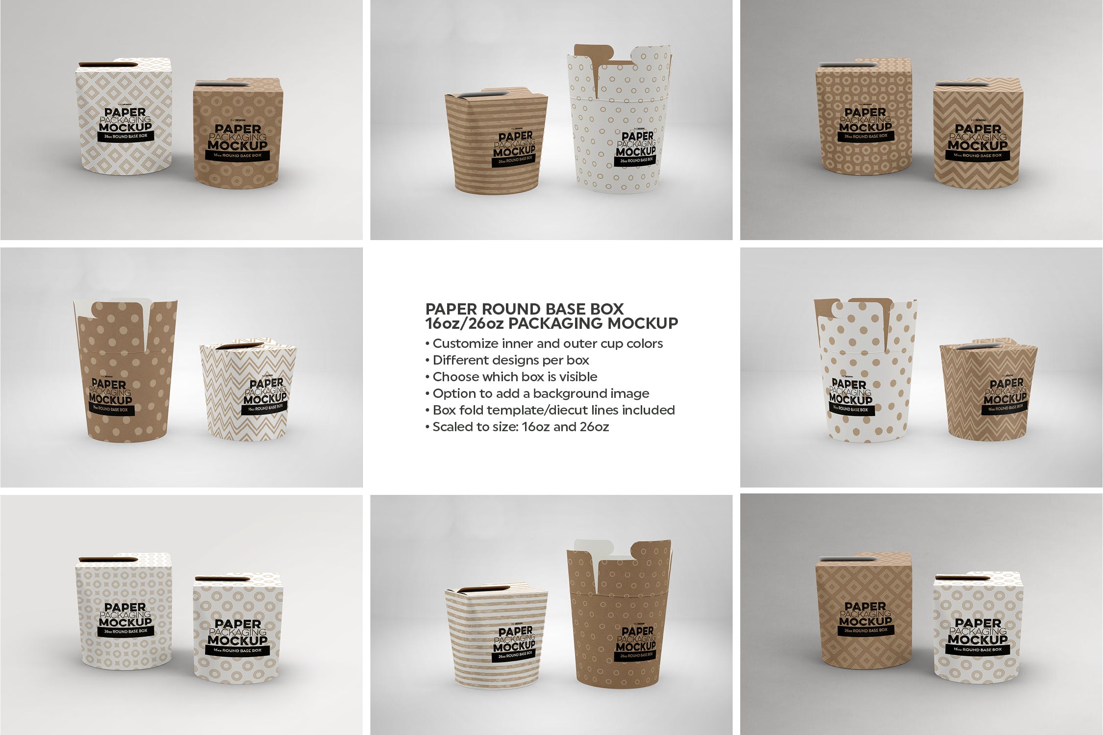 圆底小吃零食包装纸盒设计图样机 Paper Round Base Box 16/26oz Packaging Mockups插图(2)