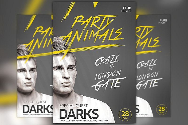 电子DJ音乐派对传单海报设计模板 Party Animals Club Flyer Template插图
