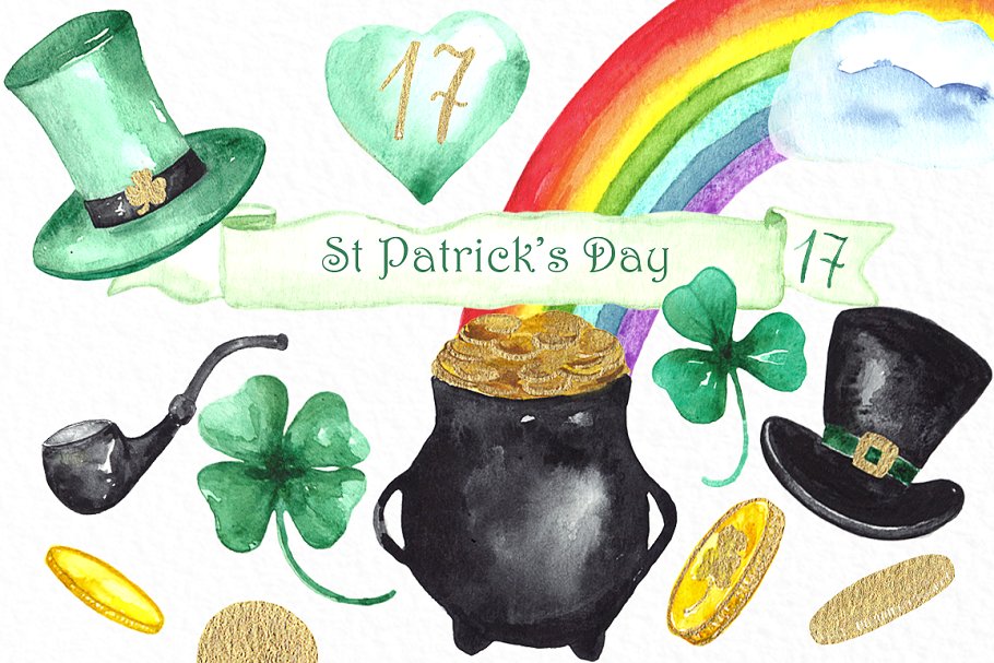 圣帕特里克节主题水彩剪贴画 St Patrick’s day. Watercolor clipart插图(1)
