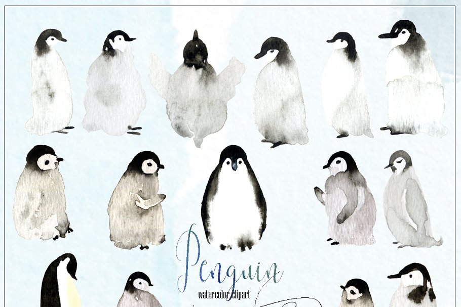 可爱的水彩手绘企鹅插图 Penguins. Watercolor illustrations插图(3)