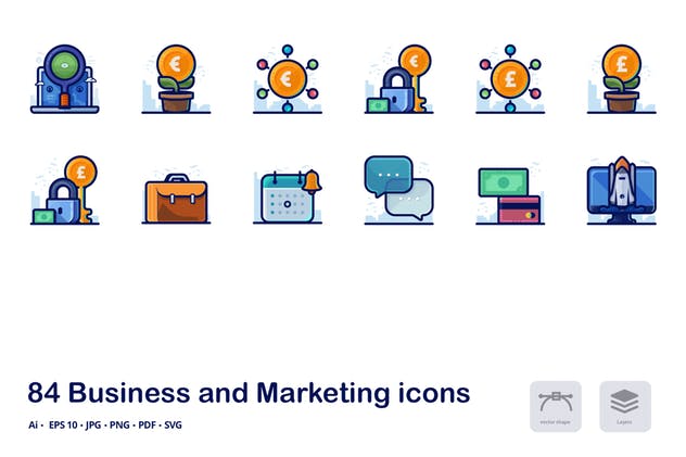 商业和市场营销主题多彩线形图标 Business and marketing detailed filled line icons插图(4)