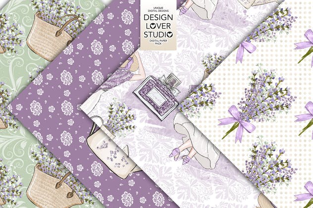 薰衣草少女主题礼品包装纸张图案纹理套装 Lavender Girl digital paper pack插图(2)